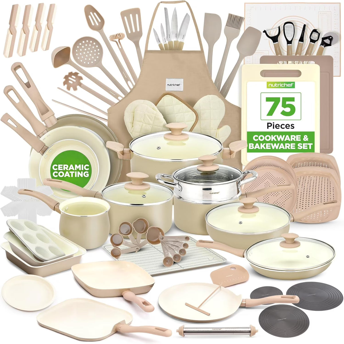 54 - Piece Kitchen Cookware Set - Complete Non - Stick Ceramic Pots and Pans Set with Utensils, Bakeware, and Knife Set, Gas, Electric & Induction Compatible, Blush Pink Kitchen Essentials
