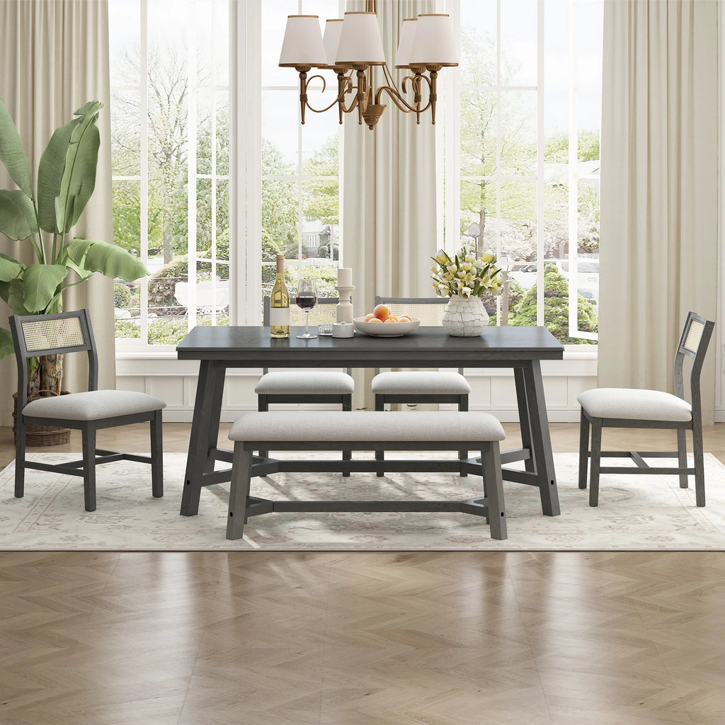 PORKISS 6 - Piece Dining Room Set, Farmhouse Dining Table Set with Bench and 4 Upholstered Chairs, Natural