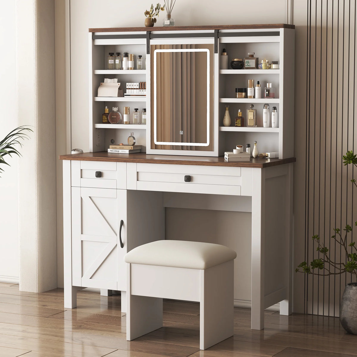 Montary Modern Mini Vanity W/Adjustable LED Mirror + Hidden Storage, Padded Stool & Dustproof Shelves (White)