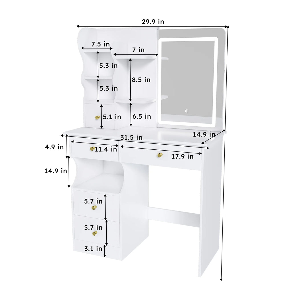 Montary Modern Mini Vanity W/Adjustable LED Mirror + Hidden Storage, Padded Stool & Dustproof Shelves (White)