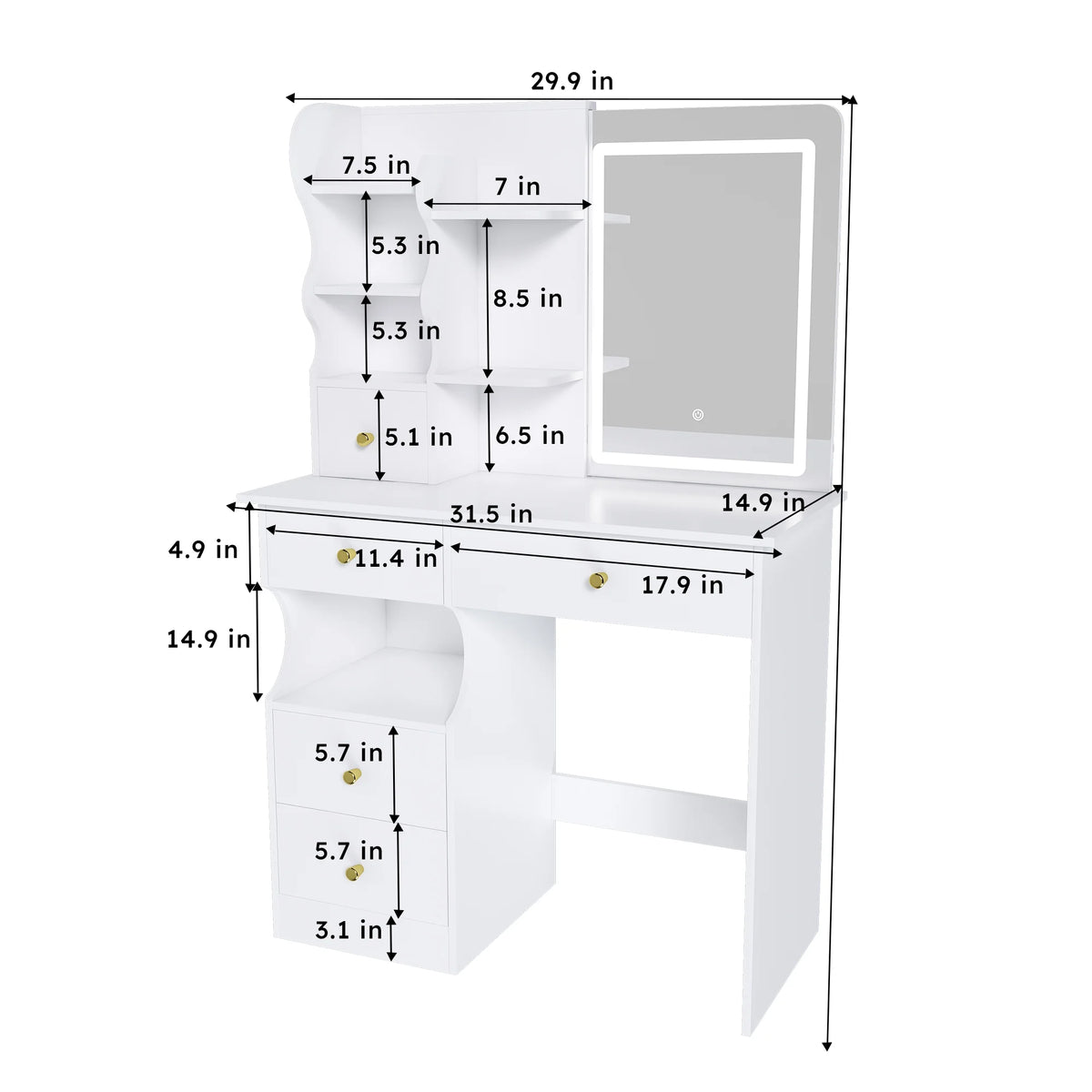 Montary Modern Mini Vanity W/Adjustable LED Mirror + Hidden Storage, Padded Stool & Dustproof Shelves (White)