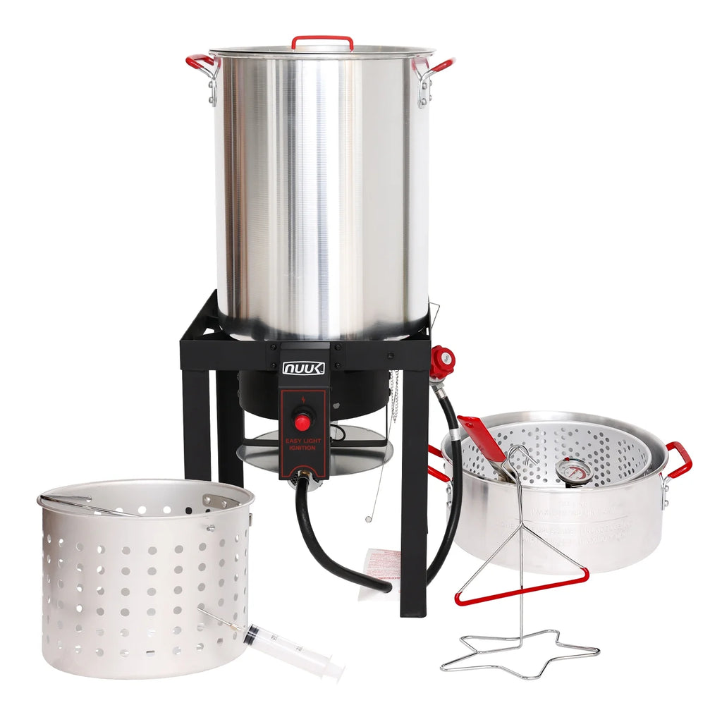 NUUK 30QT Turkey Fryer & 10QT Fish Fryers Outdoor Cooking Kit, 50, 000 BTU Propane Burnerseafood Boil Pot, Cover & Skimmer Included, Aluminum Deep Fryer Pot with Basket Crab, Gifts for Thanksgiving Day