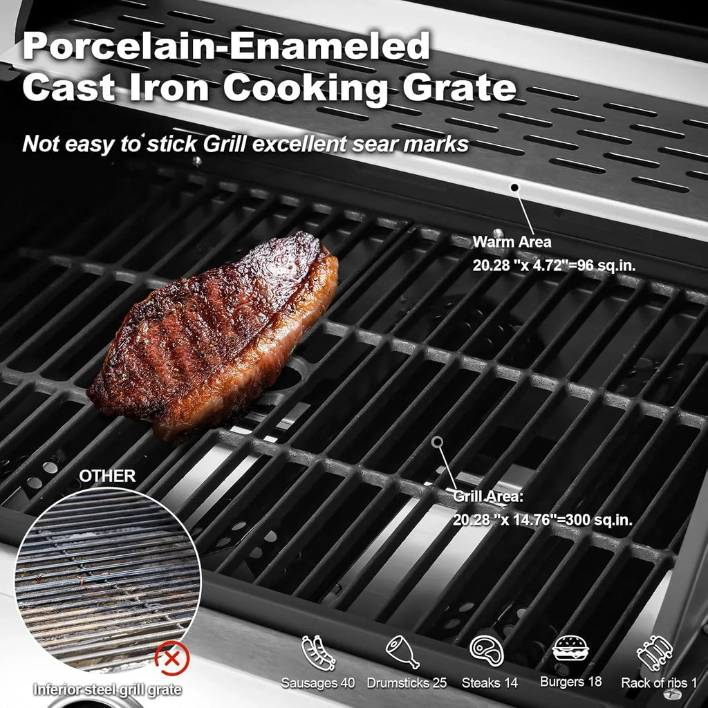 Upgraded 4 Burner Bbq Propane Gas Grill with Cast Iron Grates & Side Stove, 44,000 btu Stainless Steel Burner Barbecue Grill for Patio,…