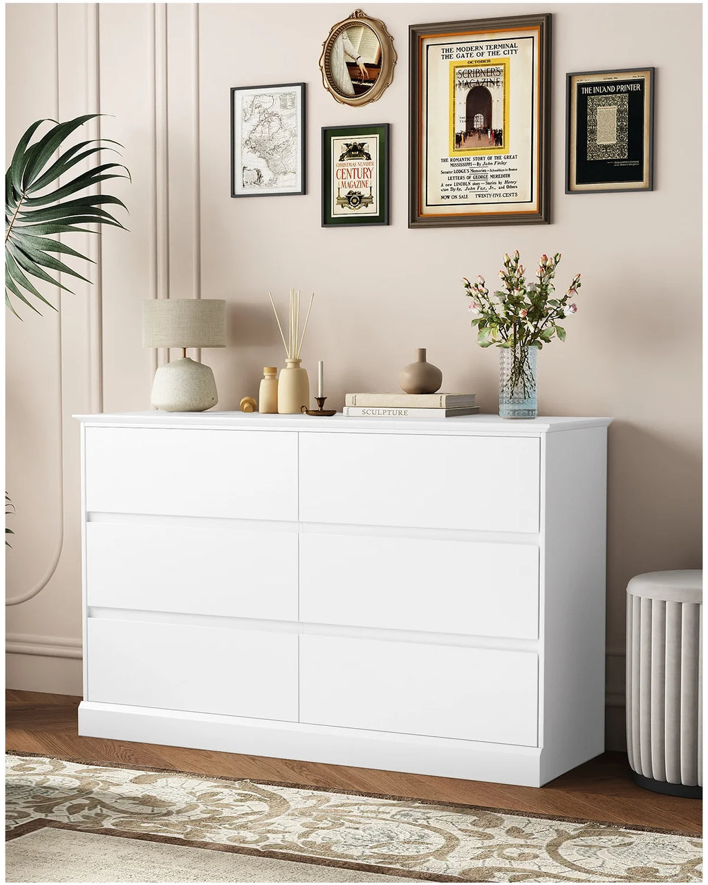 White Dressers Bedroom Dresser 6 Drawer Storage Chest of Drawers Double Dresser Storage Side Cabinet Room Furniture for Bedroom Living Room