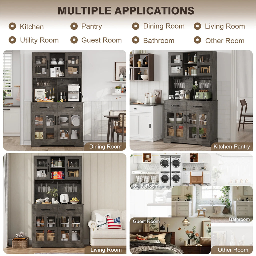 Planntonneo 71'' Tall Kitchen Pantry Storage Hutch Cabinet with Doors and Shelves, Grey Oak