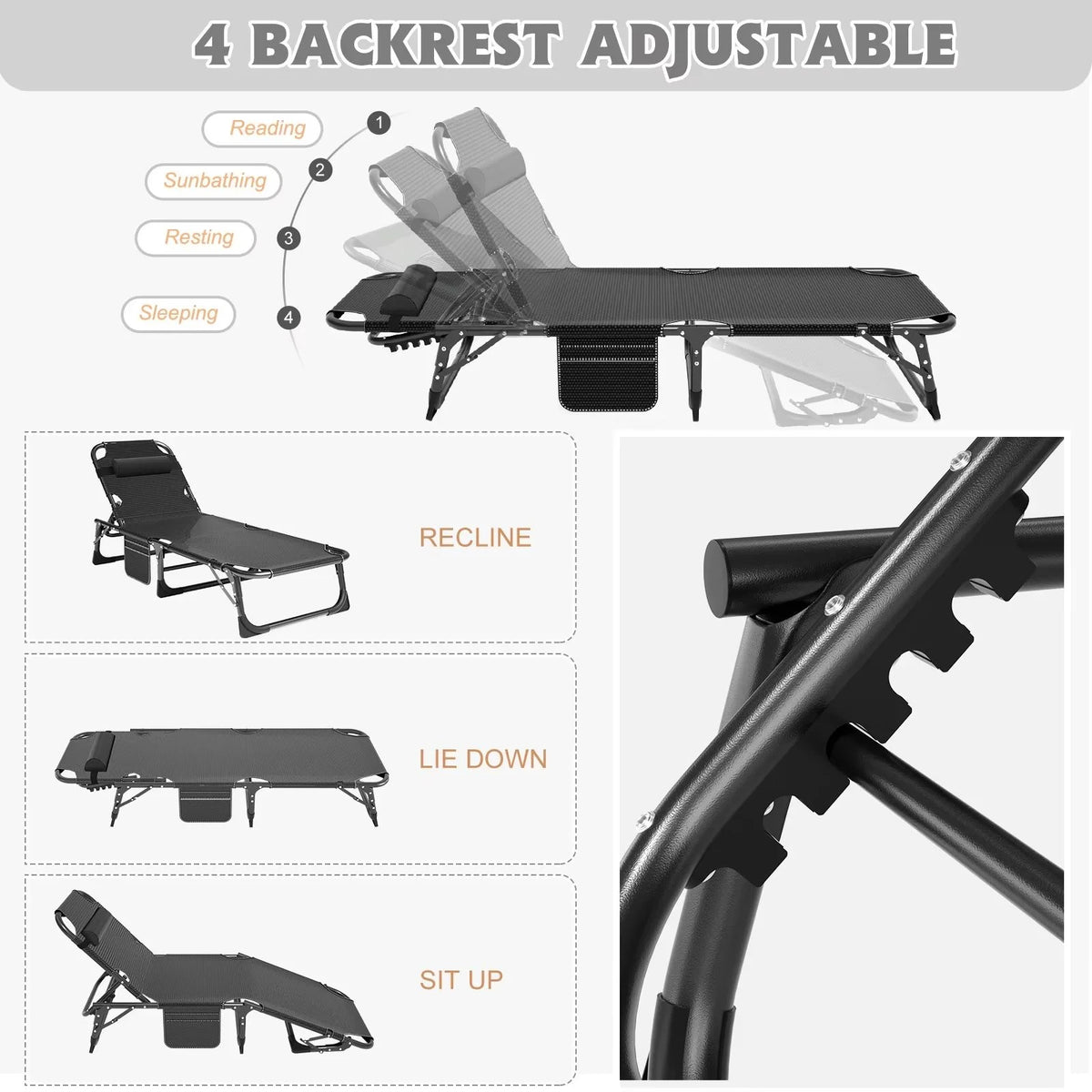 MOPHOTO Lounge Chair with Mattress, Outdoor Chaise Lounge Support 440 lb, Adjustable Portable Heavy Duty Sleeping Cots Bed for Camping, Pool, Beach, Patio