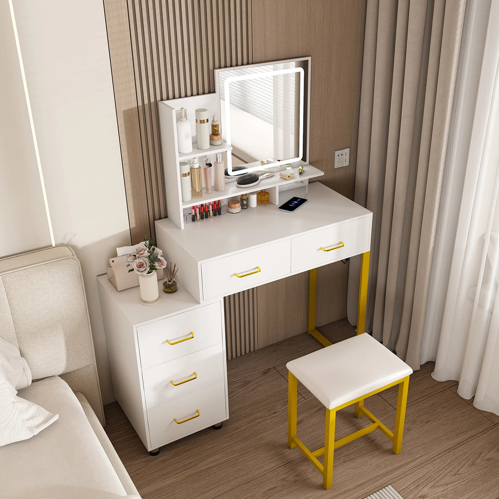 Montary Modern Mini Vanity W/Adjustable LED Mirror + Hidden Storage, Padded Stool & Dustproof Shelves (White)