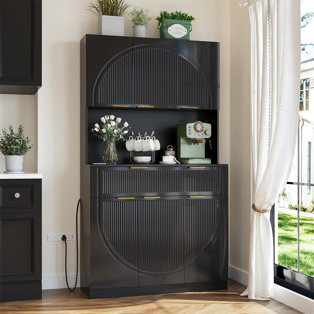 Planntonneo 71'' Tall Kitchen Pantry Storage Hutch Cabinet with Doors and Shelves, Grey Oak