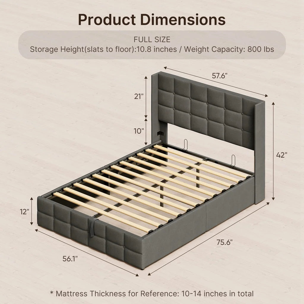 Aiho Full Lift up Storage Bed, Full Size Bed Frame with Big Underneath Storage & Modern Wingback Headboard & No Box Spring Needed - Gray