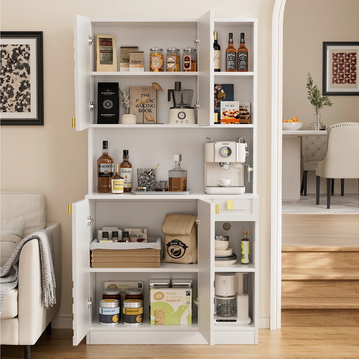 Planntonneo 71'' Tall Kitchen Pantry Storage Hutch Cabinet with Doors and Shelves, Grey Oak
