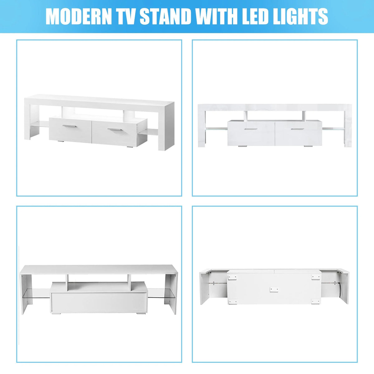 PAPROOS TV Stand for Tvs up to 70", High Gloss TV Cabinet with LED Light, Modern TV Console Table with Storage Drawers, Media Television Stand Entertainment Center, White