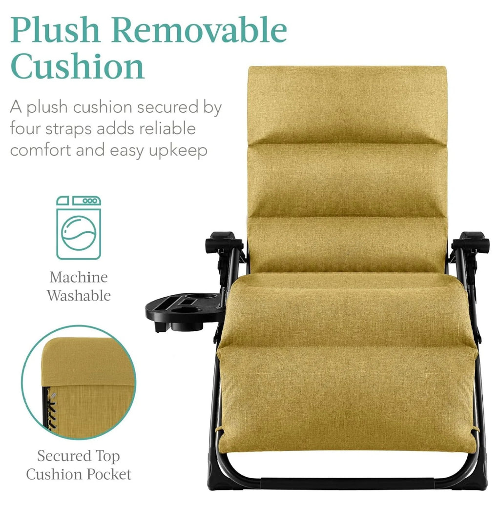Oversized Chair, Folding Outdoor Patio Recliner, XL Anti Gravity Lounger W/Removable Cushion, Cup Holder, Side Tray, 350 lb Capacity - Taupe