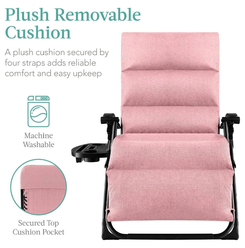 Oversized Chair, Folding Outdoor Patio Recliner, XL Anti Gravity Lounger W/Removable Cushion, Cup Holder, Side Tray, 350 lb Capacity - Taupe