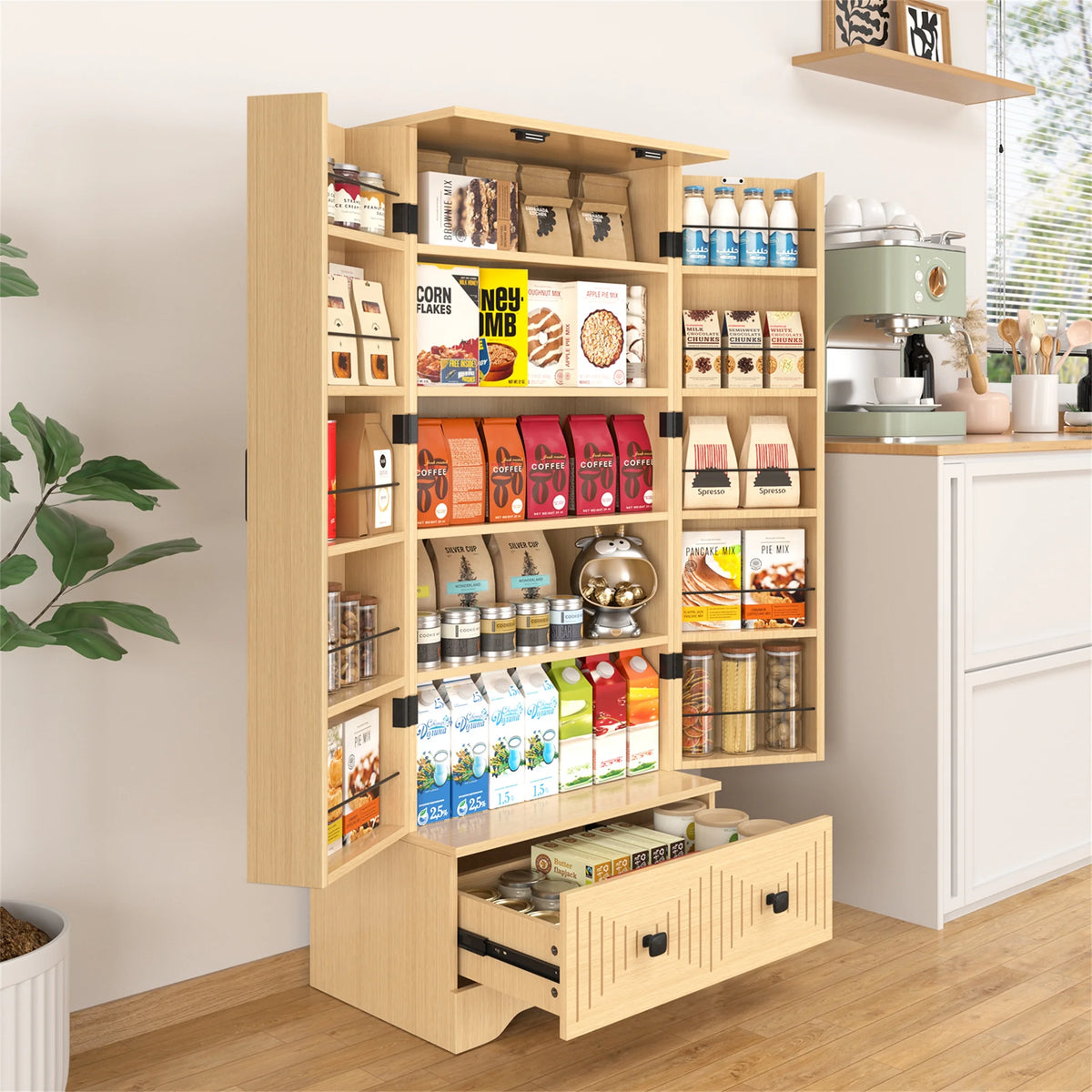Planntonneo 71'' Tall Kitchen Pantry Storage Hutch Cabinet with Doors and Shelves, Grey Oak