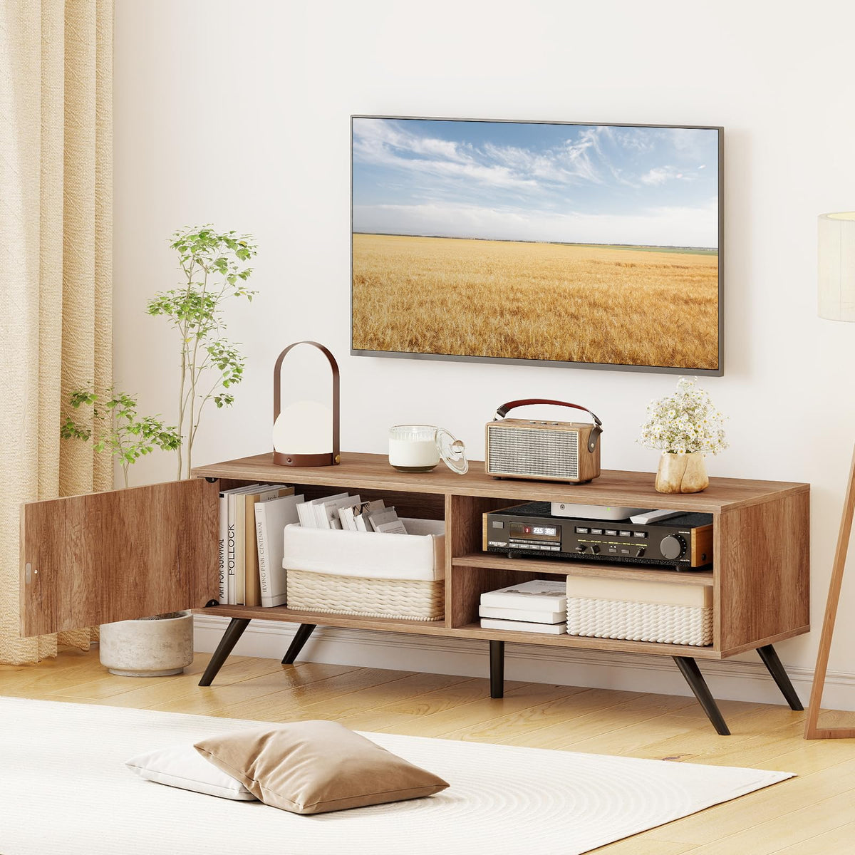 TV Stand for TVs up to 55 Inch Mid Century Modern Entertainment Center with Storage Cabinet
