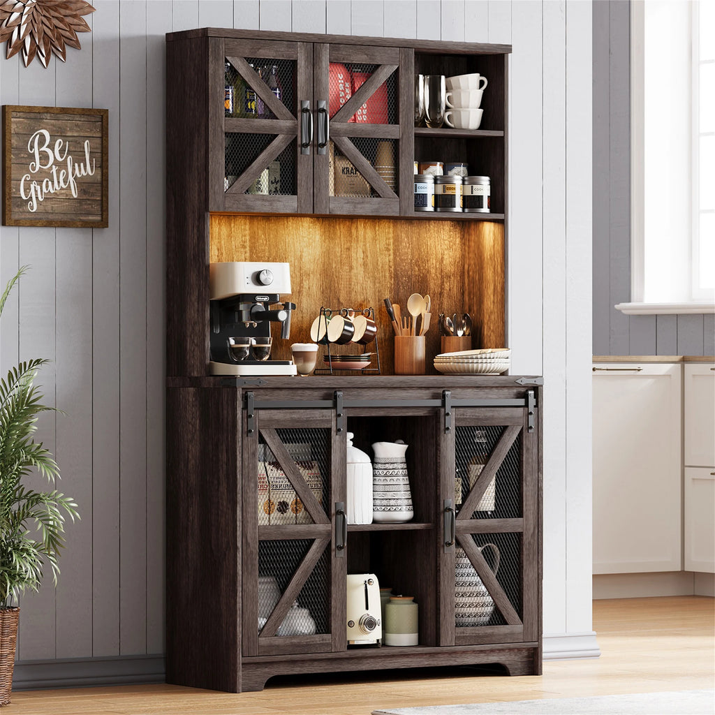 Planntonneo 71'' Tall Kitchen Pantry Storage Hutch Cabinet with Doors and Shelves, Grey Oak