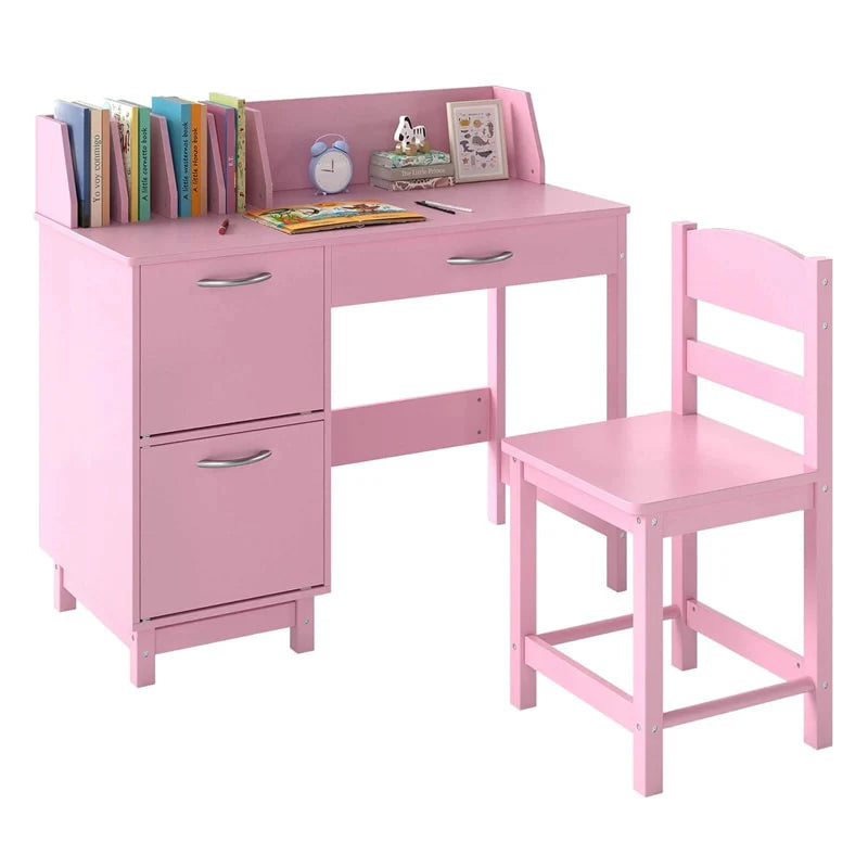 Wooden Kids Desk and Chair Set with Hutch, Storage Drawer & Cabinet, Children School Study Table Writing Computer Workstation for Ages 3-8