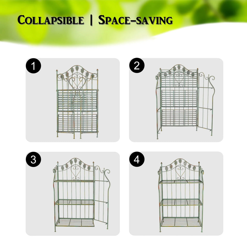 Westcharm 41 in Tall Pre - Assembled Folding Metal Shelf | Plant Stand | Shelving Unit | Bookcase | Outdoor Baker'S Rack with Scrolling Heart & Peacock Tail Motif - Verdigris Green