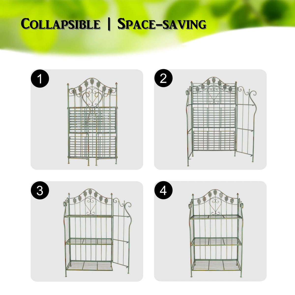 Westcharm 41 in Tall Pre - Assembled Folding Metal Shelf | Plant Stand | Shelving Unit | Bookcase | Outdoor Baker'S Rack with Scrolling Heart & Peacock Tail Motif - Verdigris Green