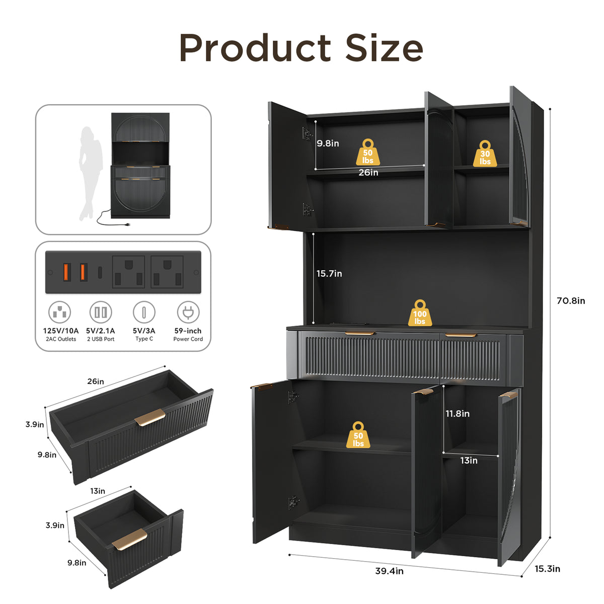 Planntonneo 71'' Tall Kitchen Pantry Storage Hutch Cabinet with Doors and Shelves, Grey Oak