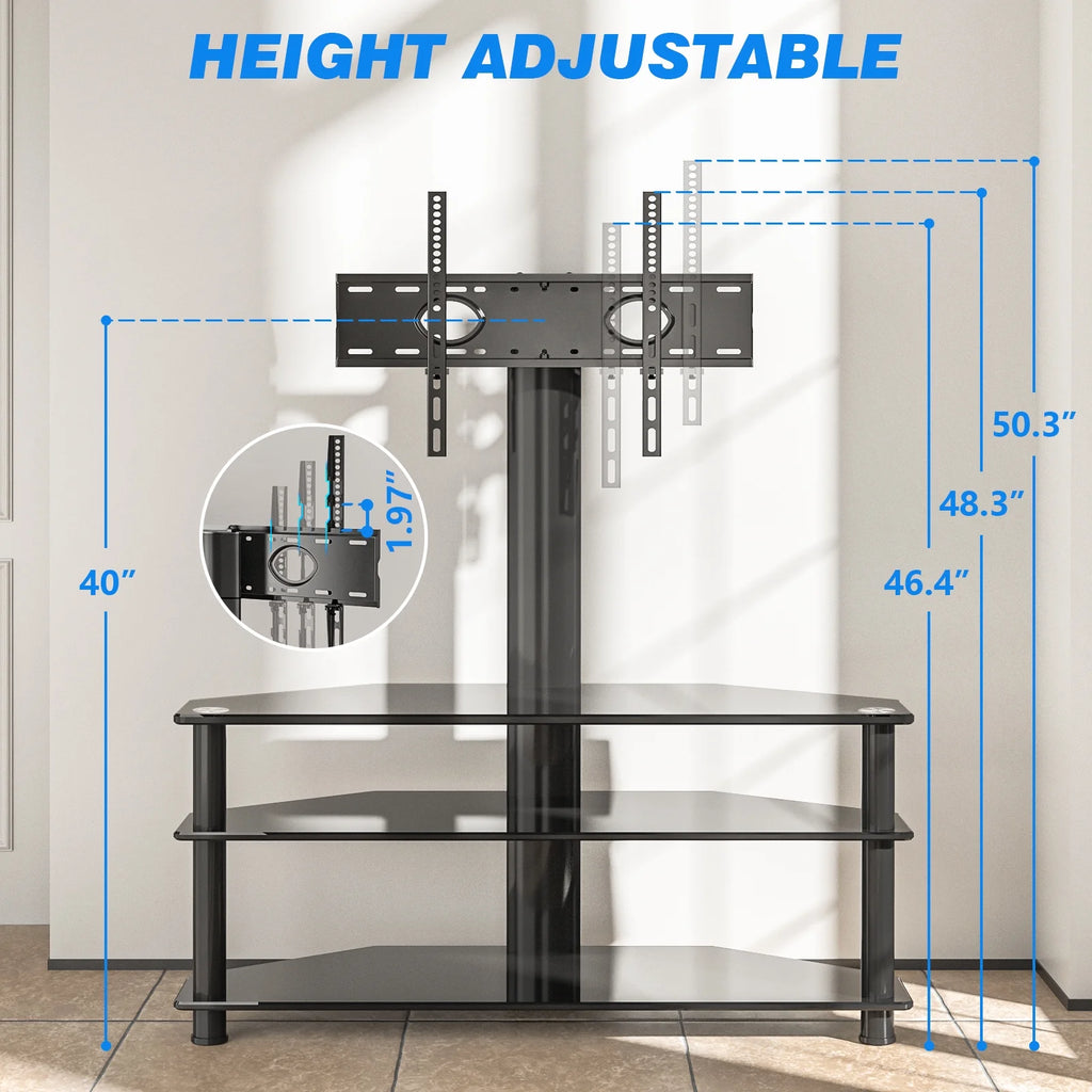 RTVR Modern 3 in 1 TV Stand with Mount for Flat Screens up to 65 in, Black Glass Corner TV Stand for Bedroom