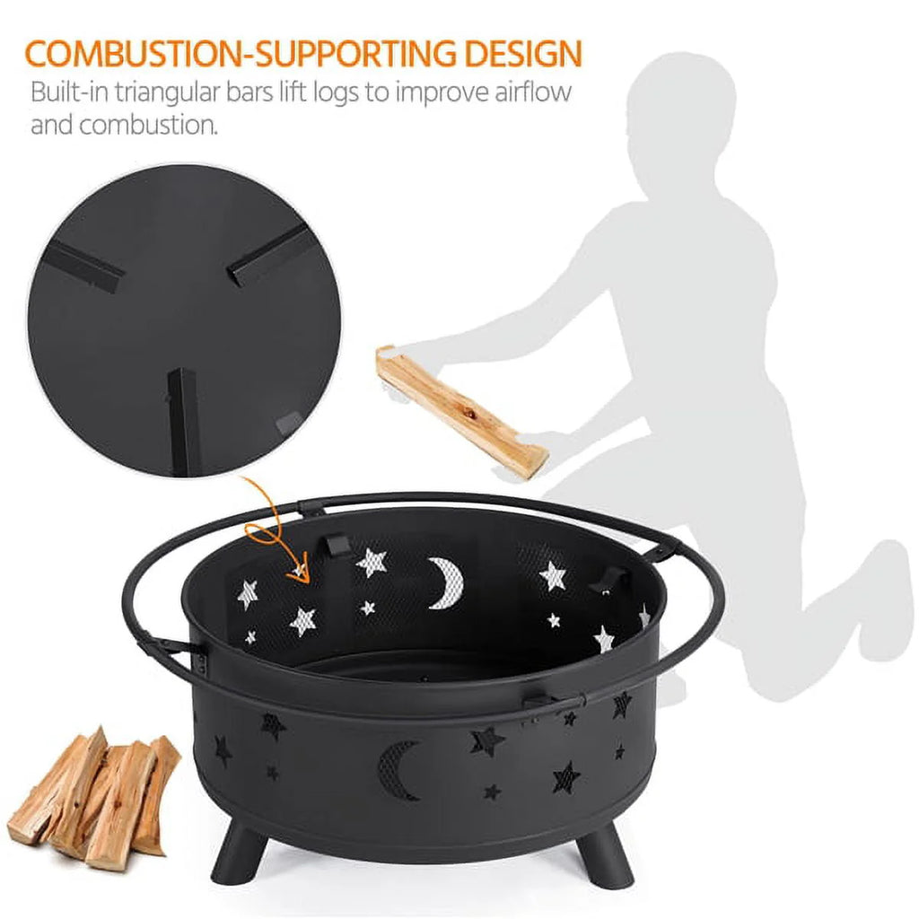 SMILE MART Iron Fire Pit Set Heating Equipment Camping Fire Bowl with Poker Mesh Cover for BBQ Backyard Patio Outdoor Fireplace Black
