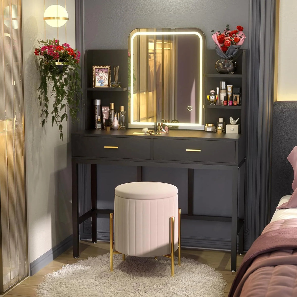 Makeup Vanity Desk with Lighted Mirror and 2 Drawers