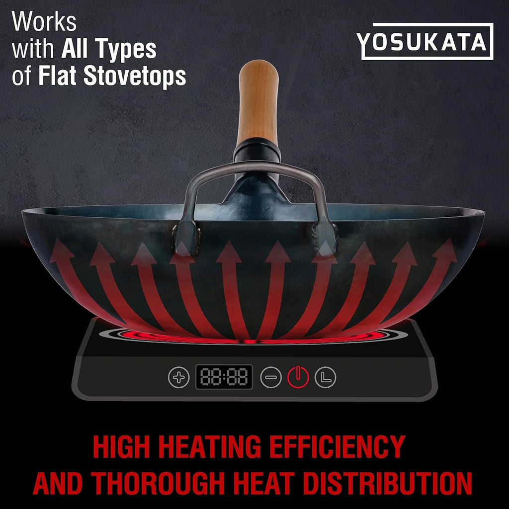 YOSUKATA 13.5" Carbon Steel Wok Pan - Pre - Seasoned Flat Bottom Wok for Stir Fry, BBQ & Camping - Works with Induction, Gas, Electric & Open Fire