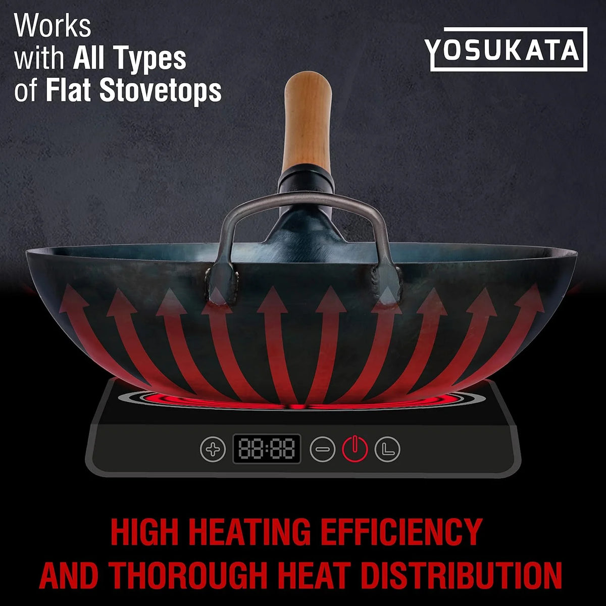 YOSUKATA 13.5" Carbon Steel Wok Pan - Pre - Seasoned Flat Bottom Wok for Stir Fry, BBQ & Camping - Works with Induction, Gas, Electric & Open Fire