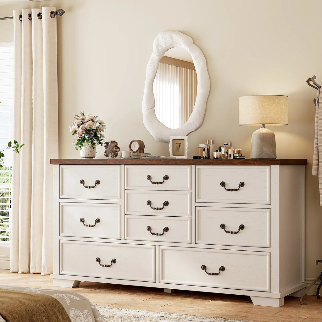 Enhomee Wood Dressers for Bedroom with 9 Drawers White Dresser Chest of Drawers for Living Room