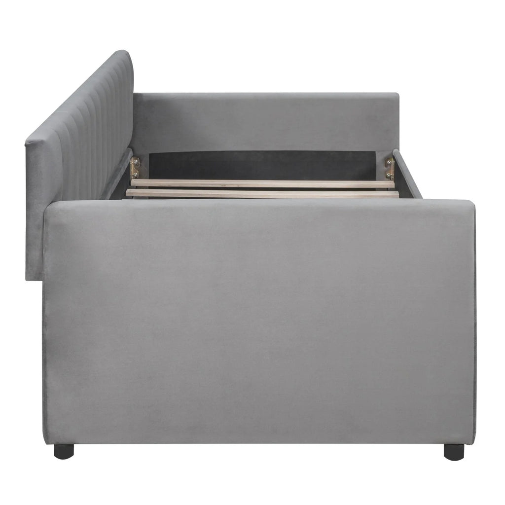 Twin Size Daybed with 2 Storage Drawers, Tufted Upholstered Sofa Bed Frame with and Wood Slat Support, Perfect for Bedroom, Gray