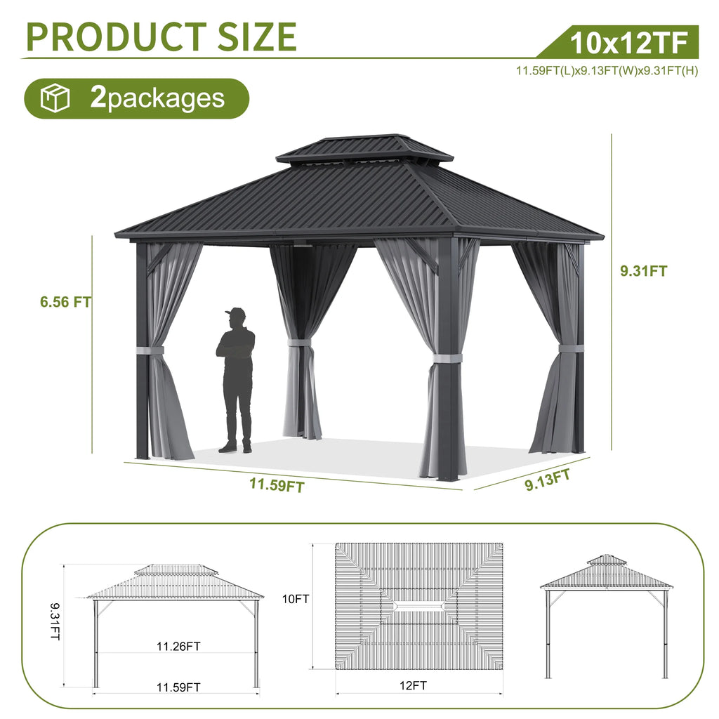 MUCHANT 10'X12' Hardtop Gazebo with Aluminum Frame, Permanent Outdoor Pavilion Metal Gazebo with Galvanized Steel Double Roof & Mosquito Netting and Curtains for Patios, Gardens, Lawns, Gray