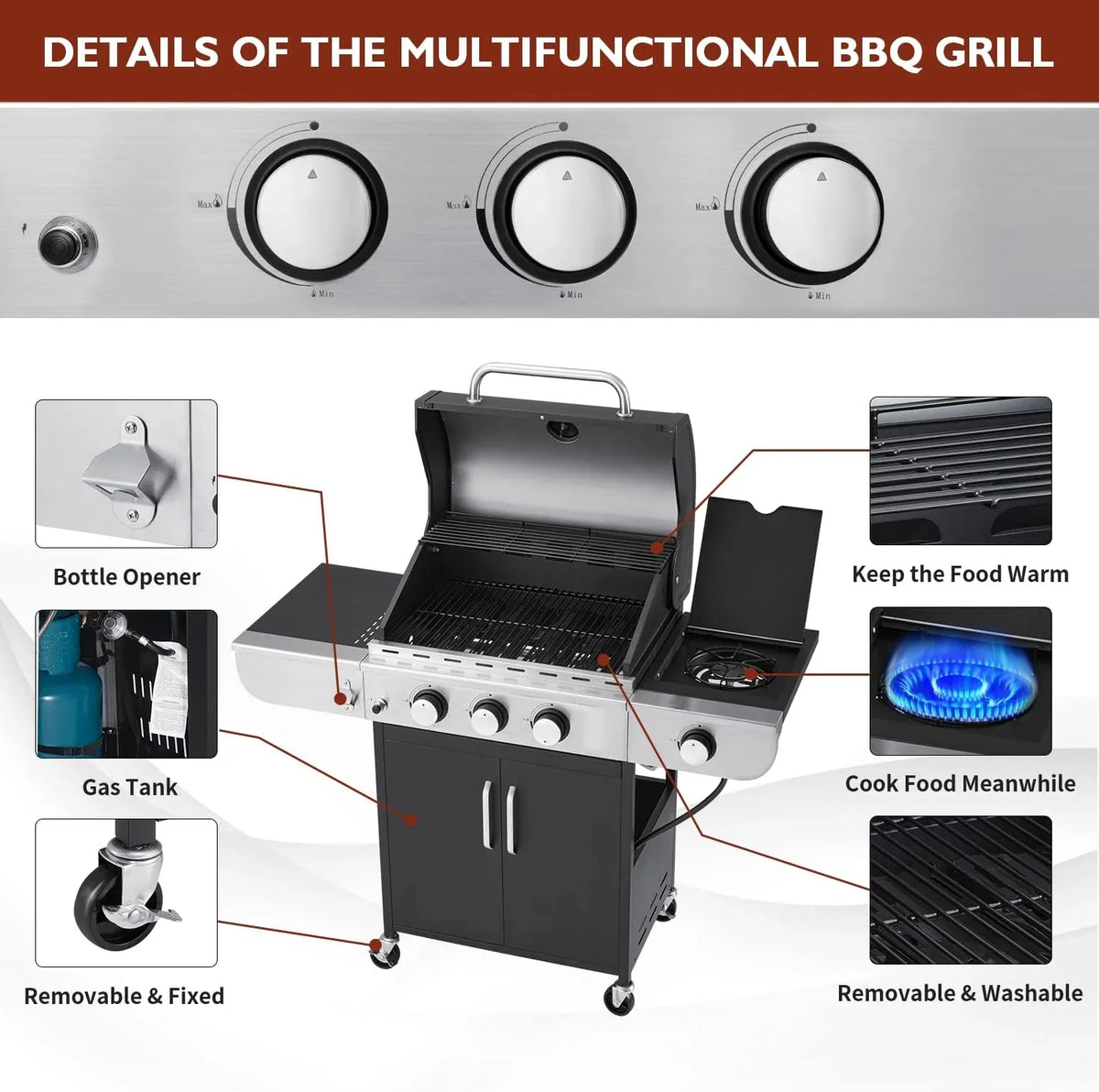 Upgraded 4 Burner Bbq Propane Gas Grill with Cast Iron Grates & Side Stove, 44,000 btu Stainless Steel Burner Barbecue Grill for Patio,…
