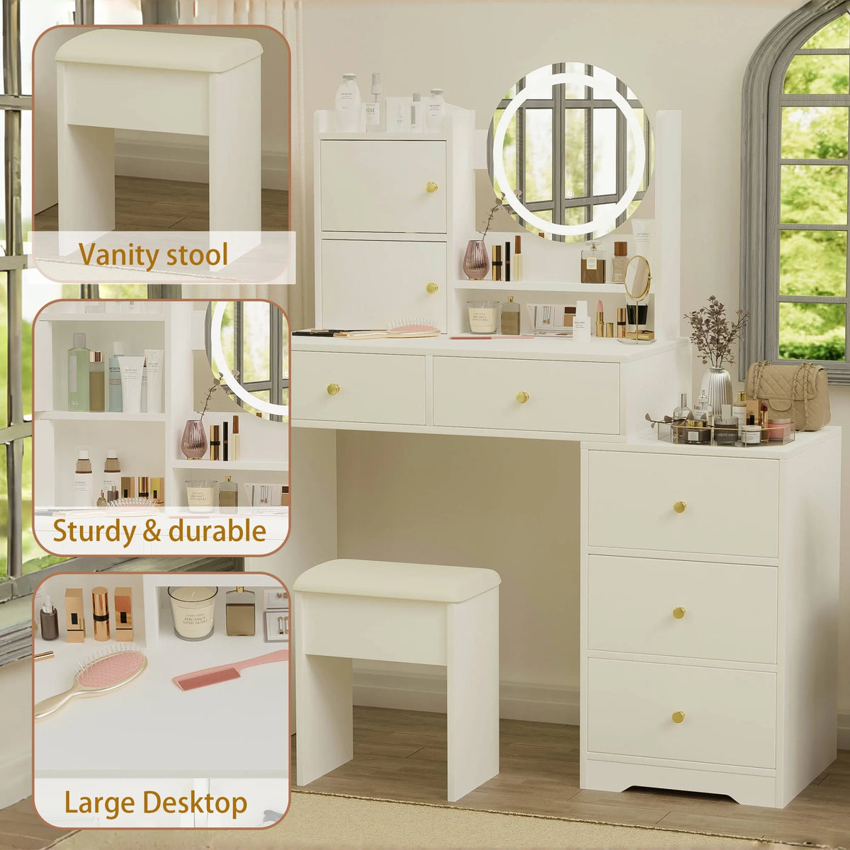 Montary Modern Mini Vanity W/Adjustable LED Mirror + Hidden Storage, Padded Stool & Dustproof Shelves (White)