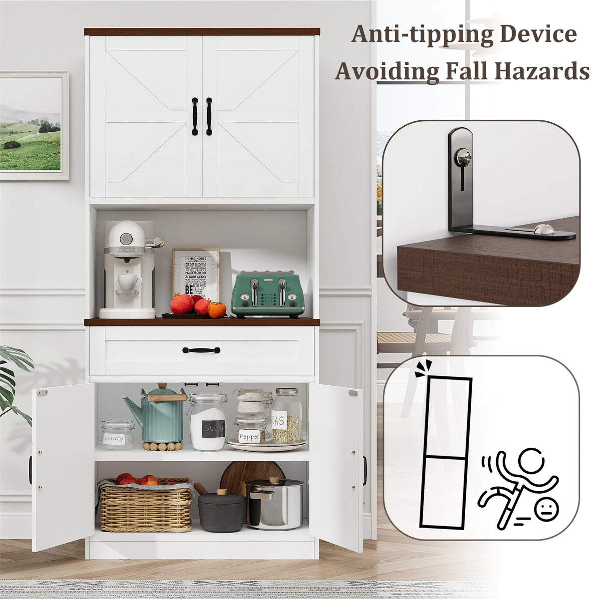 Planntonneo 71'' Tall Kitchen Pantry Storage Hutch Cabinet with Doors and Shelves, Grey Oak