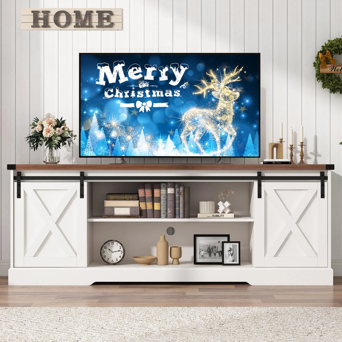 Chvans Farmhouse Barn Door TV Stand for up to 65" Tvs & 23" Electric Fireplace, Entertainment Center Console Table with Adjustable Shevles