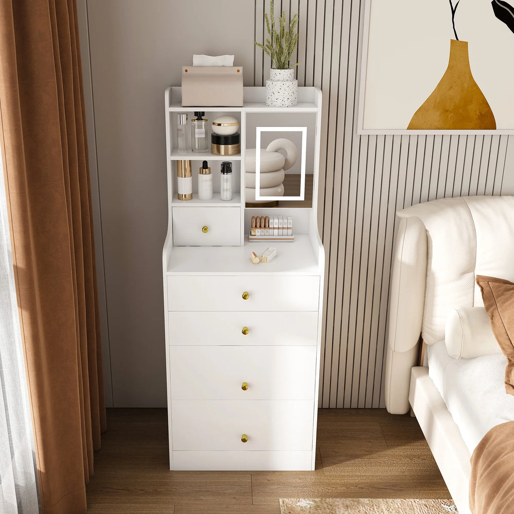 Montary Modern Mini Vanity W/Adjustable LED Mirror + Hidden Storage, Padded Stool & Dustproof Shelves (White)