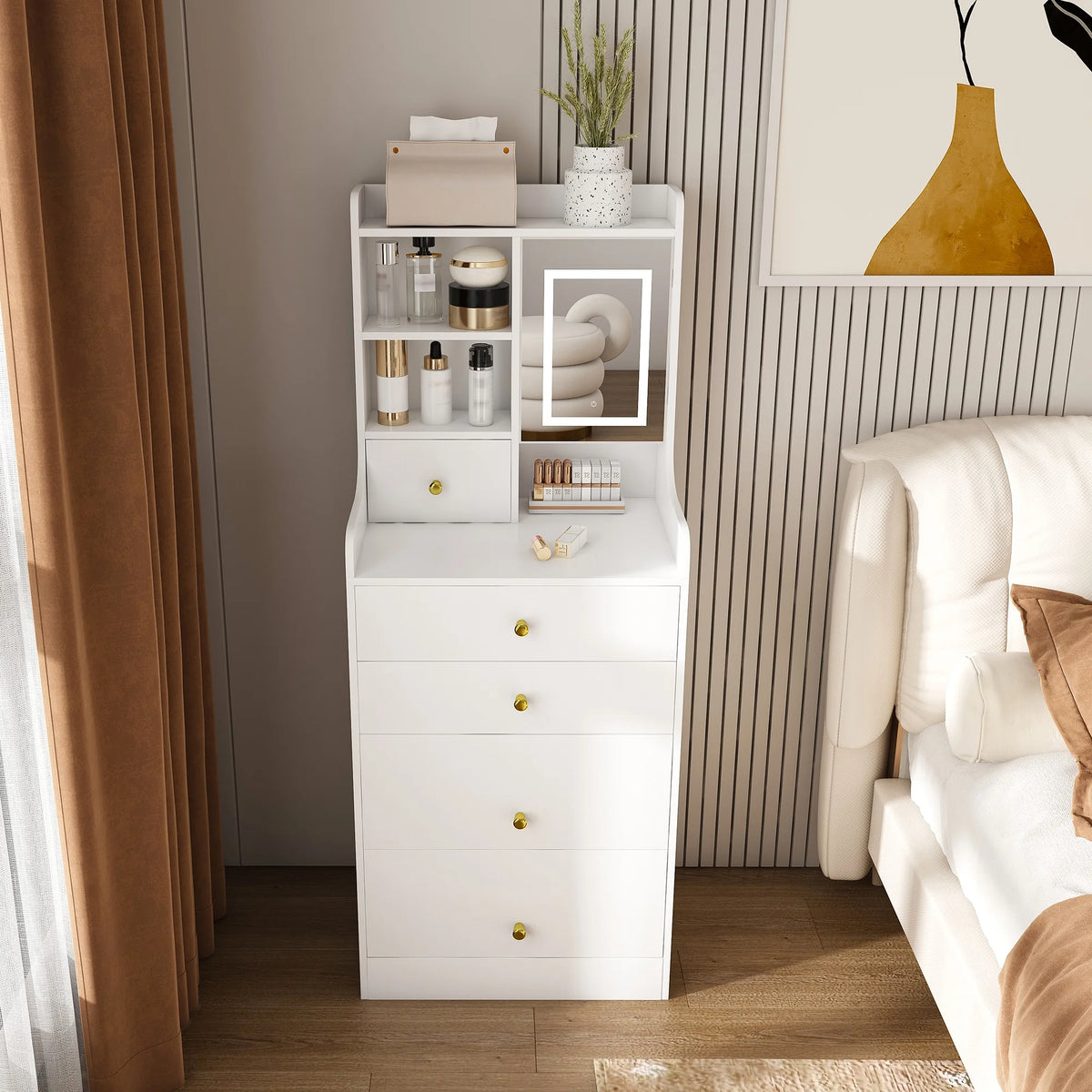 Montary Modern Mini Vanity W/Adjustable LED Mirror + Hidden Storage, Padded Stool & Dustproof Shelves (White)