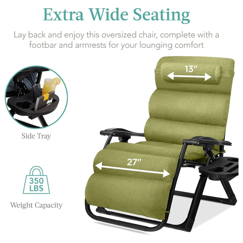 Oversized Chair, Folding Outdoor Patio Recliner, XL Anti Gravity Lounger W/Removable Cushion, Cup Holder, Side Tray, 350 lb Capacity - Taupe