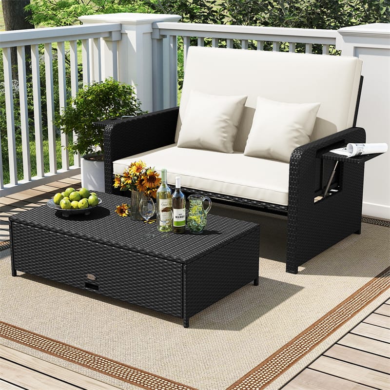 Patio Rattan Daybed Outdoor Wicker Loveseat Sofa with 4-Level Adjustable Backrest, Storage Ottoman, Retractable Tray & Cushions for Backyard