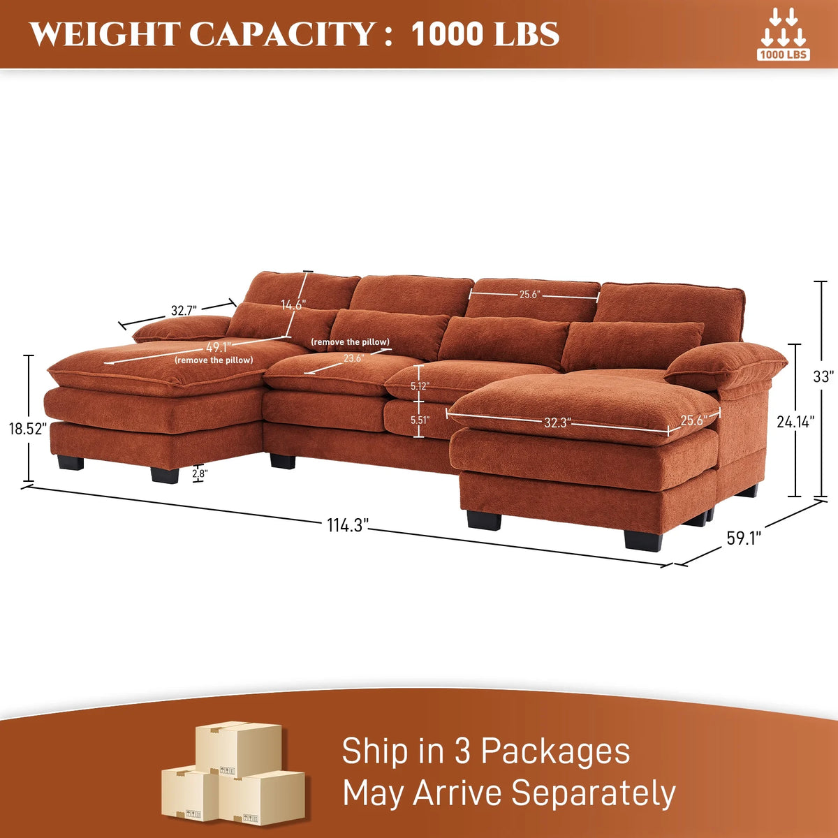 Rophefx 114.3" U Shaped Sectional Couches for Living Room, Cloud Couch, 4 Seats Chenille Couch with Double Layer Cushion, Orange