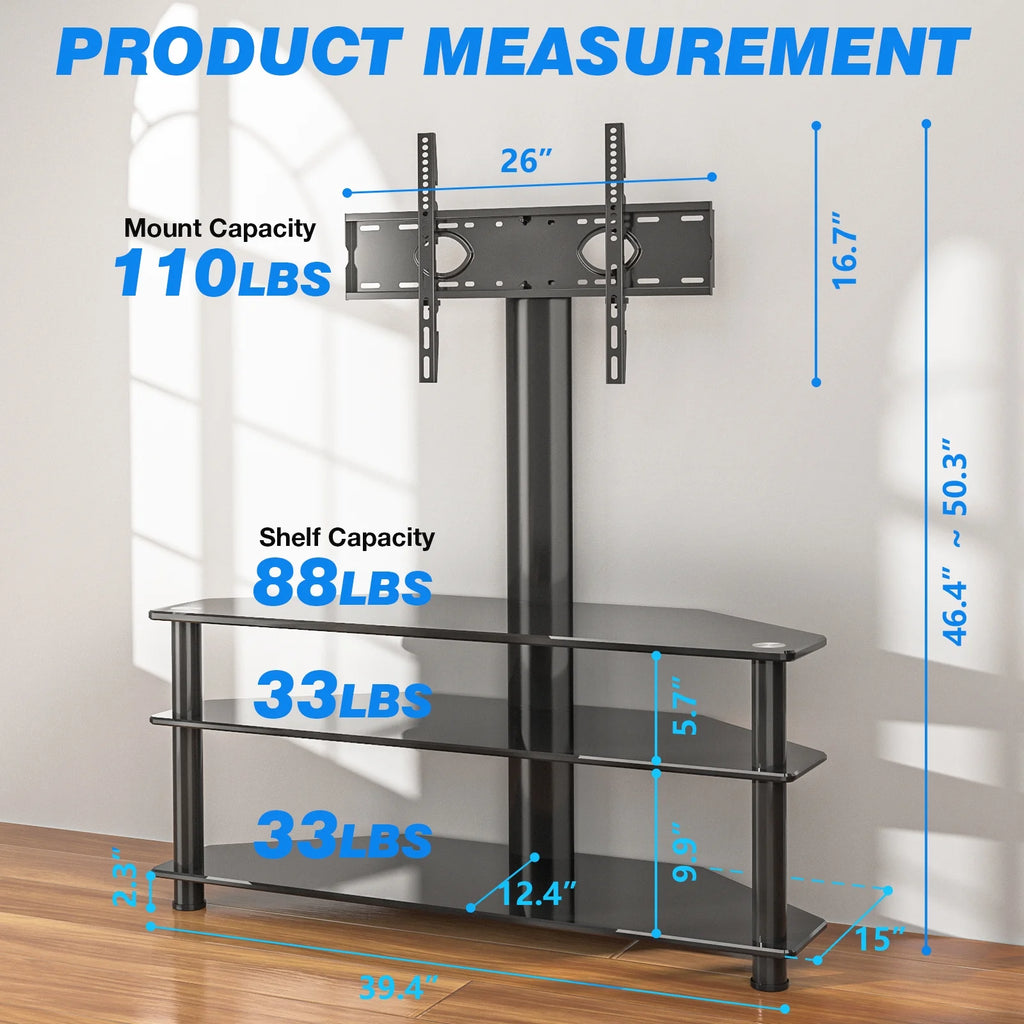 RTVR Modern 3 in 1 TV Stand with Mount for Flat Screens up to 65 in, Black Glass Corner TV Stand for Bedroom