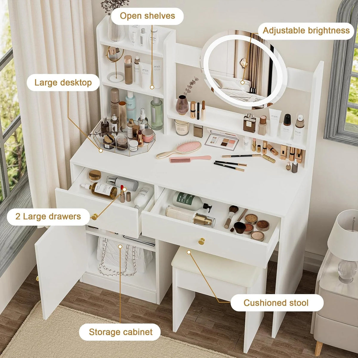 Montary Modern Mini Vanity W/Adjustable LED Mirror + Hidden Storage, Padded Stool & Dustproof Shelves (White)