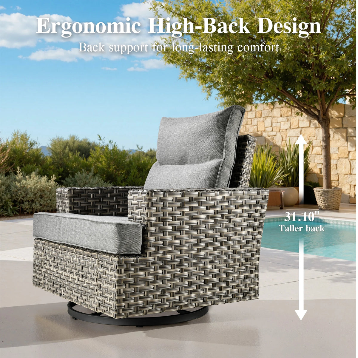 Ovios 10 Pieces Outdoor Patio Furniture Modern High - Back All - Weather Wicker Sectional Conversation Set with Propane Fire Pit Table & Swivel Chair, Dark Gray