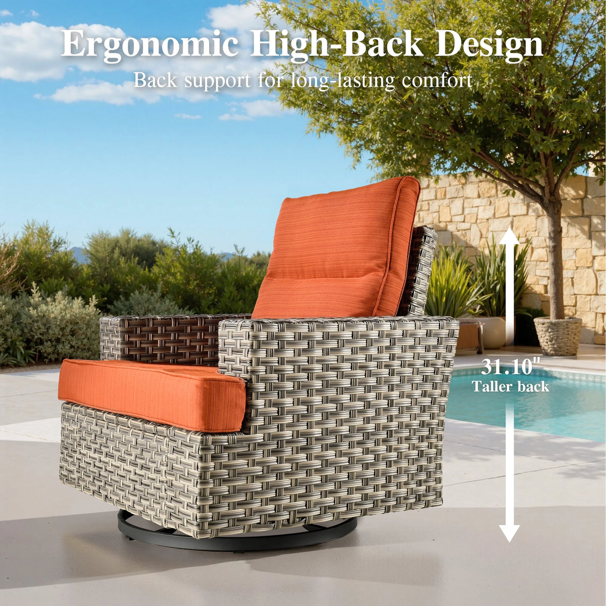Ovios 10 Pieces Outdoor Patio Furniture Modern High - Back All - Weather Wicker Sectional Conversation Set with Propane Fire Pit Table & Swivel Chair, Dark Gray