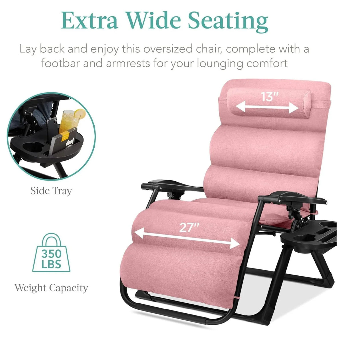 Oversized Chair, Folding Outdoor Patio Recliner, XL Anti Gravity Lounger W/Removable Cushion, Cup Holder, Side Tray, 350 lb Capacity - Taupe