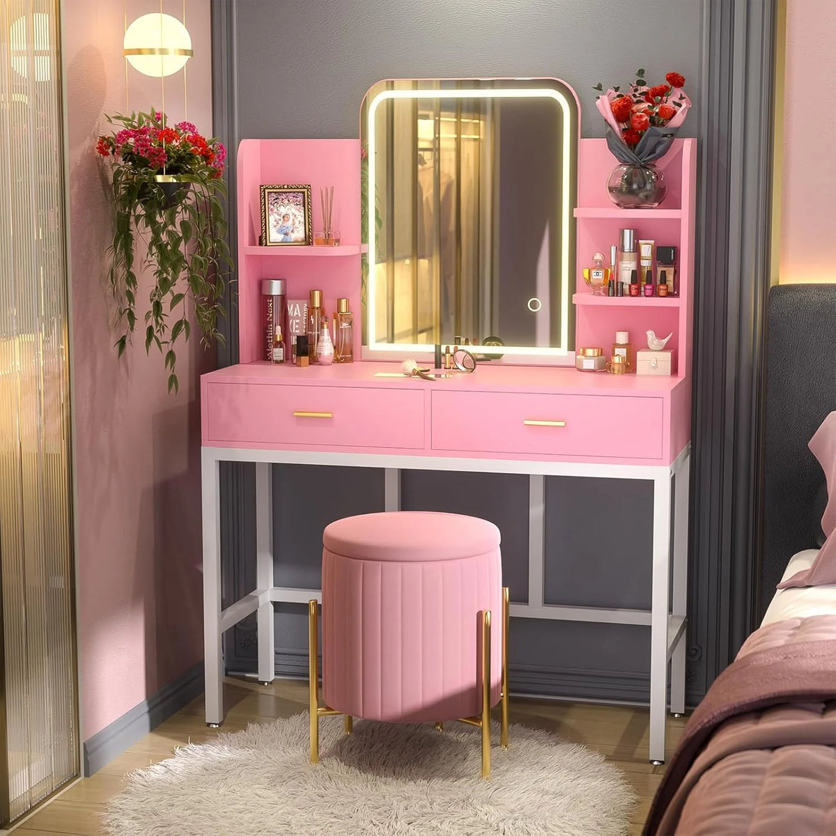 Makeup Vanity Desk with Lighted Mirror and 2 Drawers