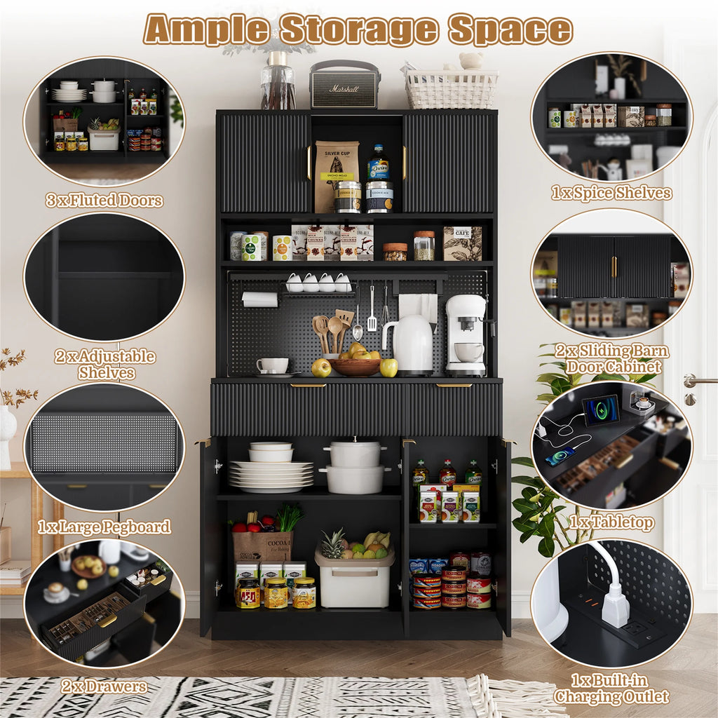 Planntonneo 71'' Tall Kitchen Pantry Storage Hutch Cabinet with Doors and Shelves, Grey Oak