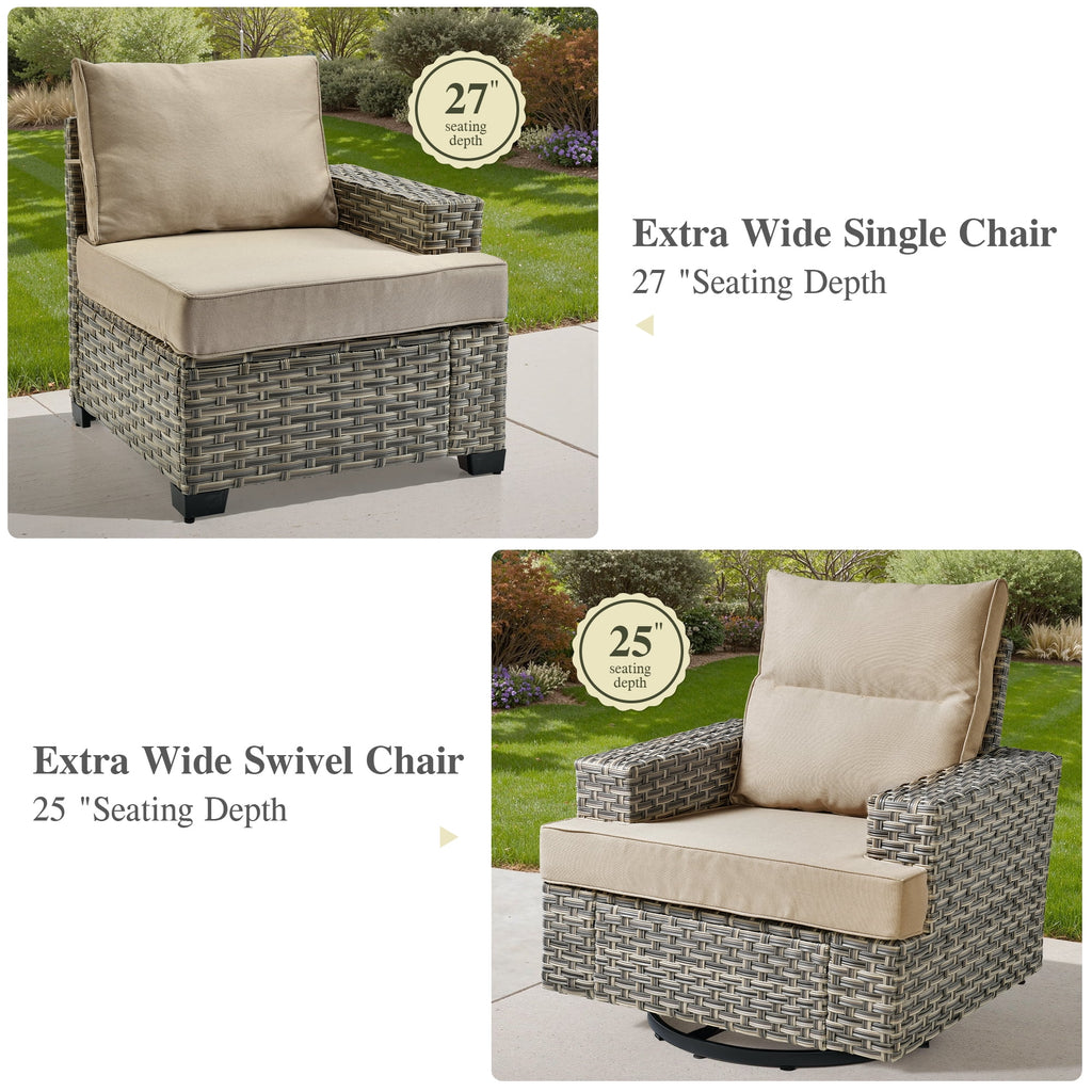 Ovios 10 Pieces Outdoor Patio Furniture Modern High - Back All - Weather Wicker Sectional Conversation Set with Propane Fire Pit Table & Swivel Chair, Dark Gray