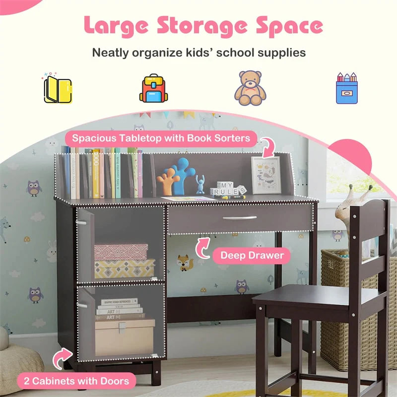 Wooden Kids Desk and Chair Set with Hutch, Storage Drawer & Cabinet, Children School Study Table Writing Computer Workstation for Ages 3-8
